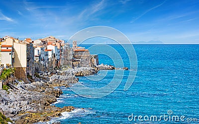 Bastione Capo Marchiafava on rocky coast of Cefalu, Sicily, Italy Stock Photo