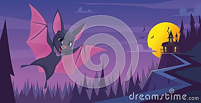 Bat background. Scary flying wild animal in night landscape exact vector cartoon illustrations of bat mouse mascot Vector Illustration