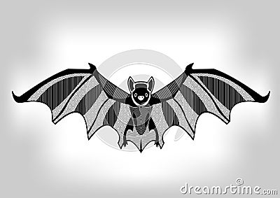 Bat, black and white stylized ornamental symmetric drawing Vector Illustration