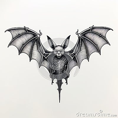 Intricate And Bizarre Inked Bat Illustration With Gothic Grotesque Figures Stock Photo