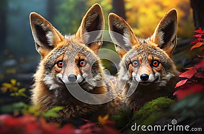 Bat-Eared Fox, Ears twitch in wonder amidst the vibrant hues of the forest Stock Photo