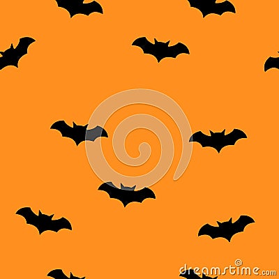 Bat halloween seamless patter with orange background. Bat silhouette Vector Illustration