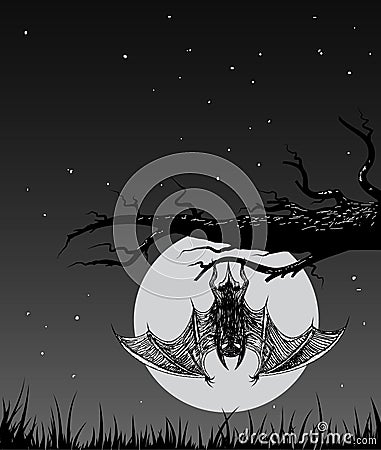 Bat is hanging on a branch in the nighttime Vector Illustration