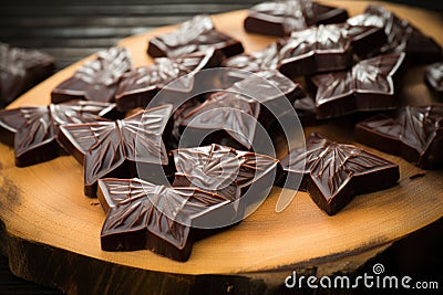 bat-shaped chocolates scattered on a wooden surface Stock Photo