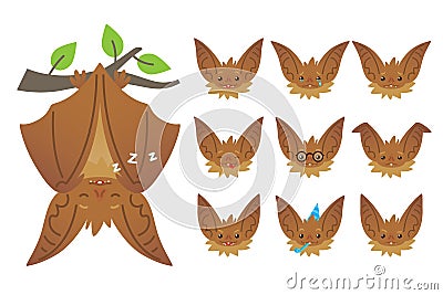 Bat sleeping, hanging upside down on branch. Animal emoticon set. Illustration of bat-eared brown creature with closed Vector Illustration