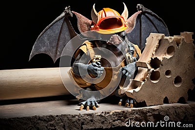 Bat Construction Worker Builds Bridge in SuperResolutio Stock Photo