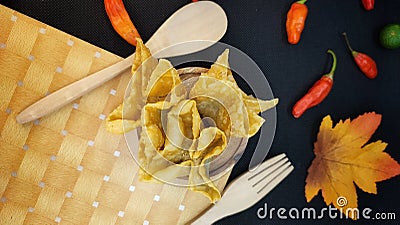 batagor or fried tofu meatballs is a typical Indonesian snack. the taste is savory, crispy with a brownish yellow color Stock Photo