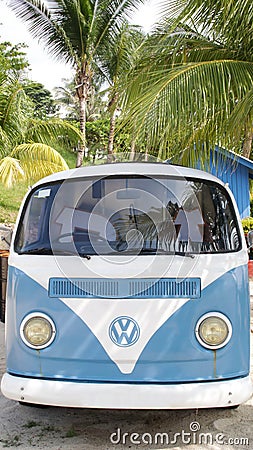 Batam, Indonesia - November 1, 2023: 1973 VW white blue Volkswagen Vans front view Editorial Stock Photo
