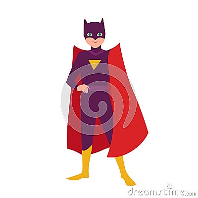 Batboy. Teenage kid in bat costume standing in heroic pose. Fantastic child hero with super power. Teen superhero Vector Illustration