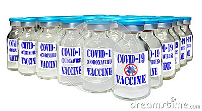 Batch of Covid-19, coronavirus vaccine vials. Isolated. Stock Photo