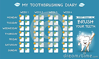 Toothbrushing diary - dental calendar for kids, stomatology planner for children. Tooth care banner. Week starts Monday. Vector Illustration