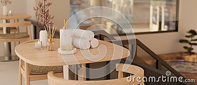 Bath accessories on minimal wood table in cozy minimal spa resting room Cartoon Illustration