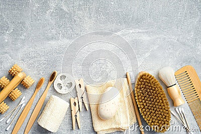 Bath accessories and natural SPA cosmetic products on stone background. Flat lay, top view. Personal hygiene and body treatment Stock Photo