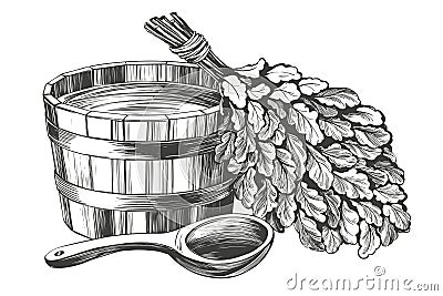 Bath accessories, Russian sauna, water, steam broom, hand drawn vector illustration realistic sketch Vector Illustration