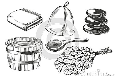 Bath accessories, Russian sauna, water, steam broom, hand drawn vector illustration realistic sketch Vector Illustration