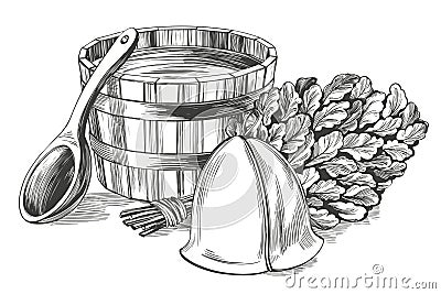 Bath accessories, Russian sauna, water, steam broom, hand drawn vector illustration realistic sketch Vector Illustration