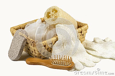 Bath accessory, various spa and beauty threatment products, body scrub in wooden basket. Stock Photo