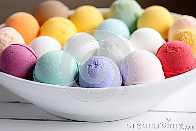 bath bombs in variety of colors in a white bowl Stock Photo