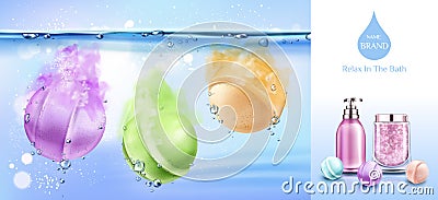 Bath bombs in water, spa cosmetics beauty product Vector Illustration