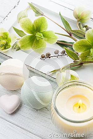 Bath bombs on white wooden background Stock Photo