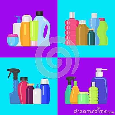 Bath bottles banner vector illustration. Plastic containers bottles, tubes and jars for cream, body lotion, shampoo and Vector Illustration