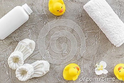 Bath cosmetic set for kids, towel and toys on gray background top view space for text Stock Photo