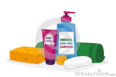 Bath Cosmetics and Toiletries Accessories Body Lotion, Herbal Hair Care Shampoo and Soap Bar with Sponge Vector Illustration