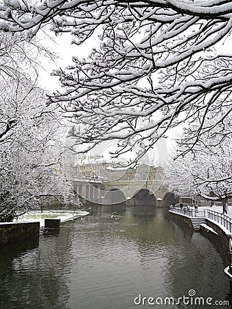 Bath England. Snow scene, cathedral and canal Editorial Stock Photo