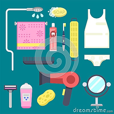 Bath equipment icons modern shower colorful illustration for bathroom interior hygiene vector design. Vector Illustration