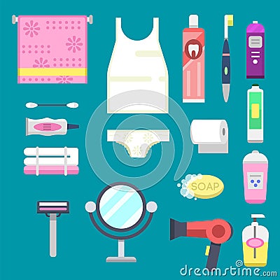 Bath equipment icons modern shower colorful illustration for bathroom interior hygiene vector design. Vector Illustration