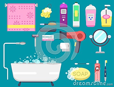 Bath equipment icons modern shower colorful illustration for bathroom interior hygiene vector design. Vector Illustration