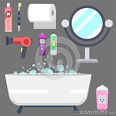 Bath equipment icons modern shower colorful illustration for bathroom interior hygiene vector design. Vector Illustration