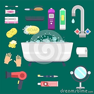 Bath equipment icons modern shower colorful illustration for bathroom interior hygiene vector design. Vector Illustration