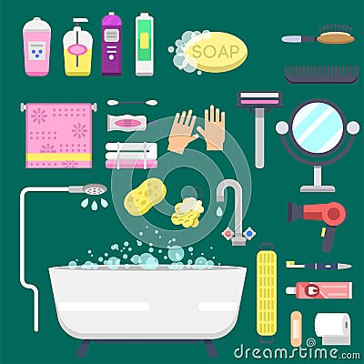 Bath equipment icons modern shower colorful illustration for bathroom interior hygiene vector design. Vector Illustration