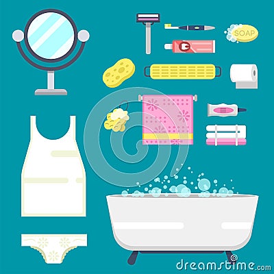 Bath equipment icons modern shower colorful illustration for bathroom interior hygiene vector design. Vector Illustration