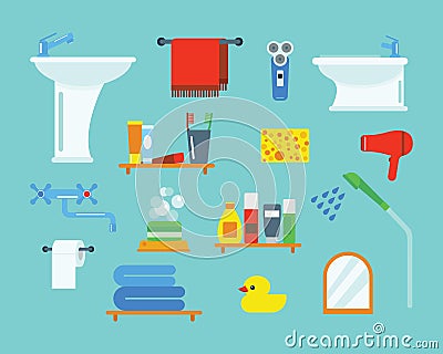 Bath equipment icons shower flat style colorful clip art illustration for bathroom hygiene vector design. Vector Illustration