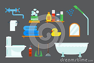 Bath equipment icons shower flat style colorful clip art illustration for bathroom hygiene vector design. Vector Illustration