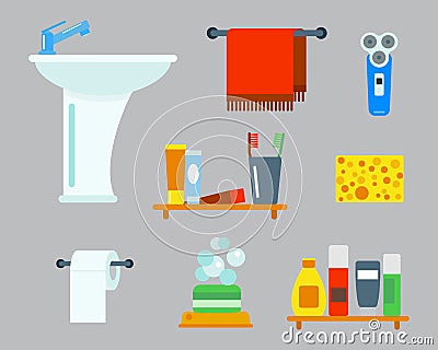 Bath equipment icons shower flat style colorful clip art illustration for bathroom hygiene vector design. Vector Illustration