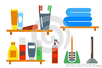 Bath equipment icons shower flat style colorful clip art illustration for bathroom hygiene vector design. Vector Illustration