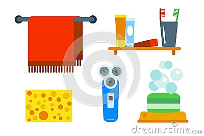 Bath equipment icons shower flat style colorful clip art illustration for bathroom hygiene vector design. Vector Illustration