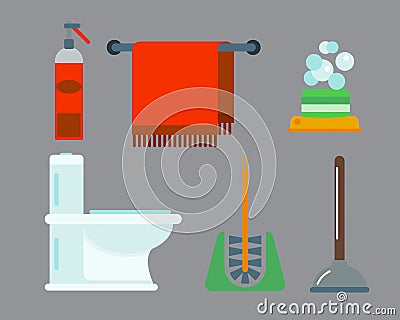 Bath equipment icons shower flat style colorful clip art illustration for bathroom hygiene vector design. Vector Illustration