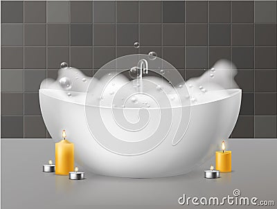 Bath with foam. Relaxing bath with soap bubbles foaming, bubbly bathtub in luxurious bathroom and burning candles Vector Illustration