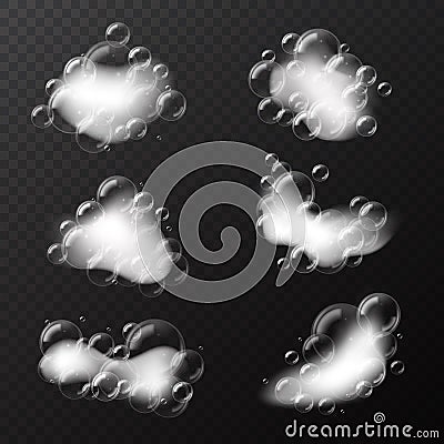 Bath foam soap. Realistic shampoo or shower gel white pieces with transparent 3d bubbles, shaving foaming scraps, wash Vector Illustration