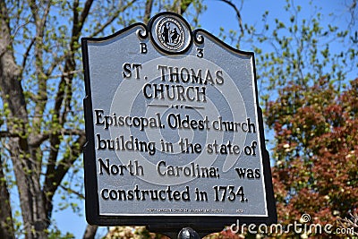 Bath, NC: 1734 St. Thomas Church Historic Sign Editorial Stock Photo