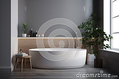 beautiful bathroom wood white modern luxury home house bathtub interior architecture. Generative AI. Stock Photo