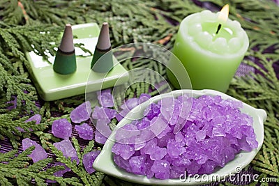 Bath salt, candle for aromatherapy Stock Photo