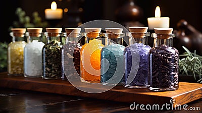 Bath salt. Glass bottles with colored bath salts with different aromas. Generative AI Stock Photo