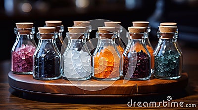 Bath salt. Glass bottles with colored bath salts with different aromas. Generative AI Stock Photo