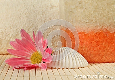 Bath salt, shell and a flower Stock Photo