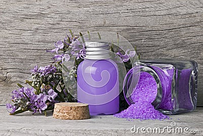 Bath salts and gel in purple. Stock Photo